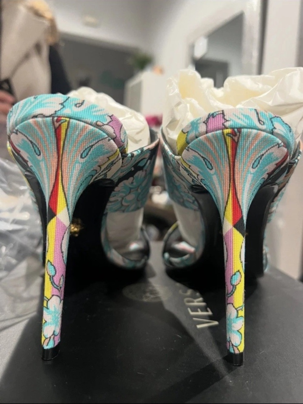 Versace Turquoise Multi-Color Patterned Strap Heels - Picture 3 of 7